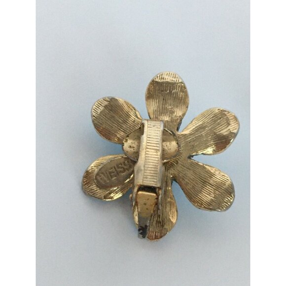 Signed Weiss Vintage Clip On Earrings Enamel Flowers Vintage Gold Tone Lt Blue - Picture 10 of 10